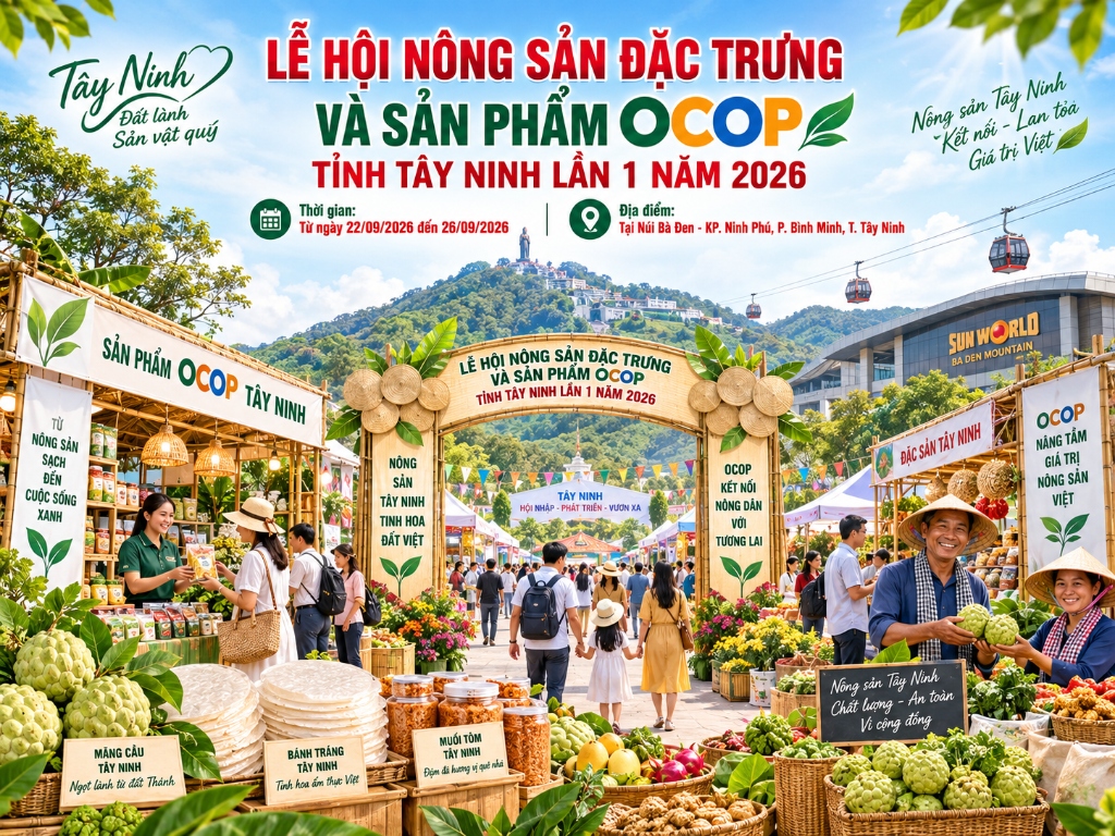 Poster chính thức Lễ hội nông sản đặc trưng và sản phẩm OCOP tỉnh Tây Ninh lần 1 năm 2026 tại Núi Bà Đen