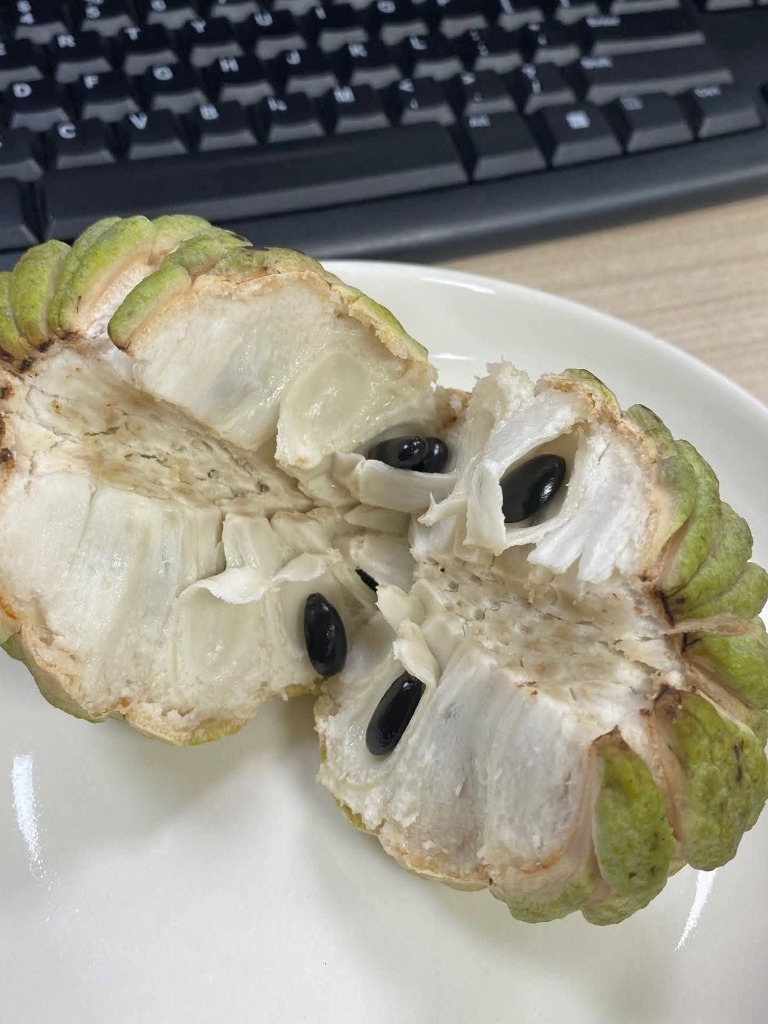 Trái mãng cầu Bà Đen chín tách đôi múi thịt dẻo mọng hạt đen